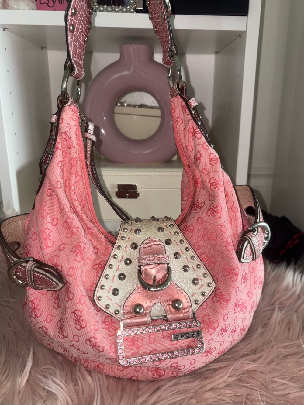 Vintage Y2K Guess Pink Monogram Studded Hobo Bag Rhinestone Buckle Purse McBling